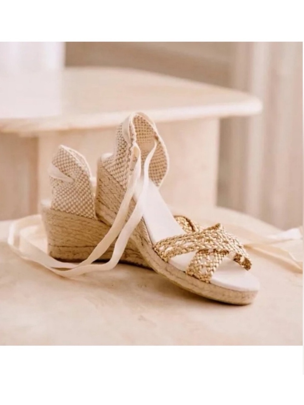 Sézane Les Souliers Lace-Up Espadrille Wedge Sandals Gold Detail Beige